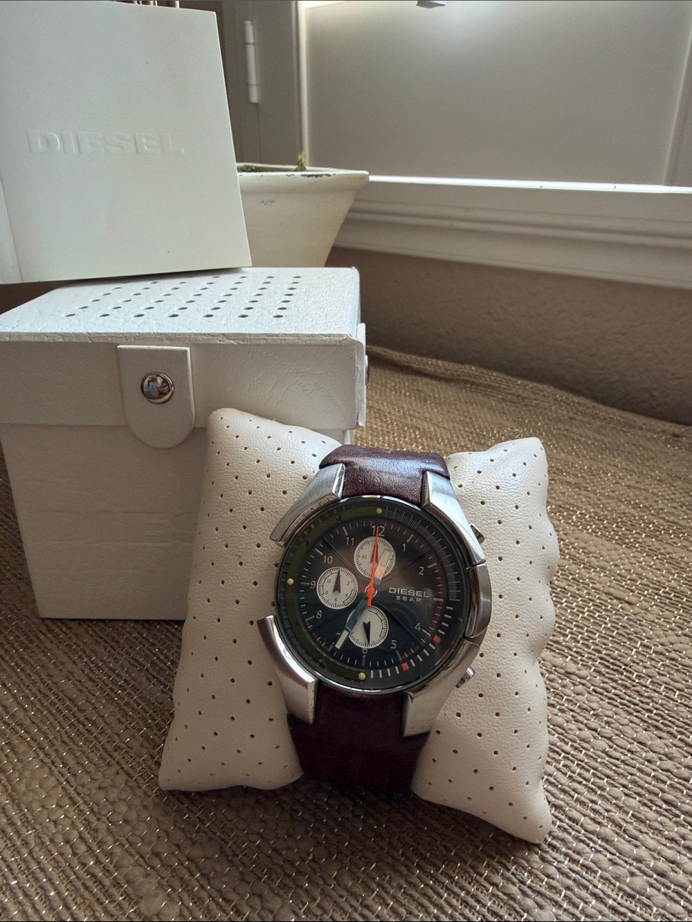 Diesel Brown Leather Strap Chronograph Watch with Black Dial and Orange Accents